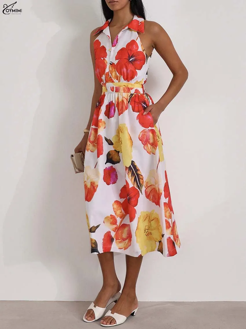 

Oymimi Elegant White Print Womens Dresses Fashion Turn-Down Collar Sleeveless Button Dresses Casual New High Waist Pockets Dress