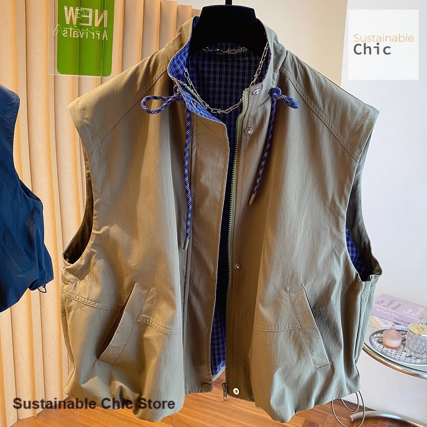 American tooling hooded solid color vest women's spring and autumn new plus size stand collar wearing loose sleeveless vest.