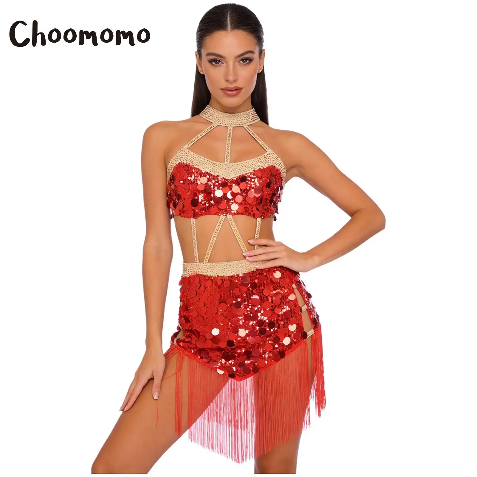 

Womens Latin Dance Fringed Dress Glittery Sequins Rhinestone Halter Tassel Hollow Out Leotard Bodysuit Dress Tango Cha-cha Salsa
