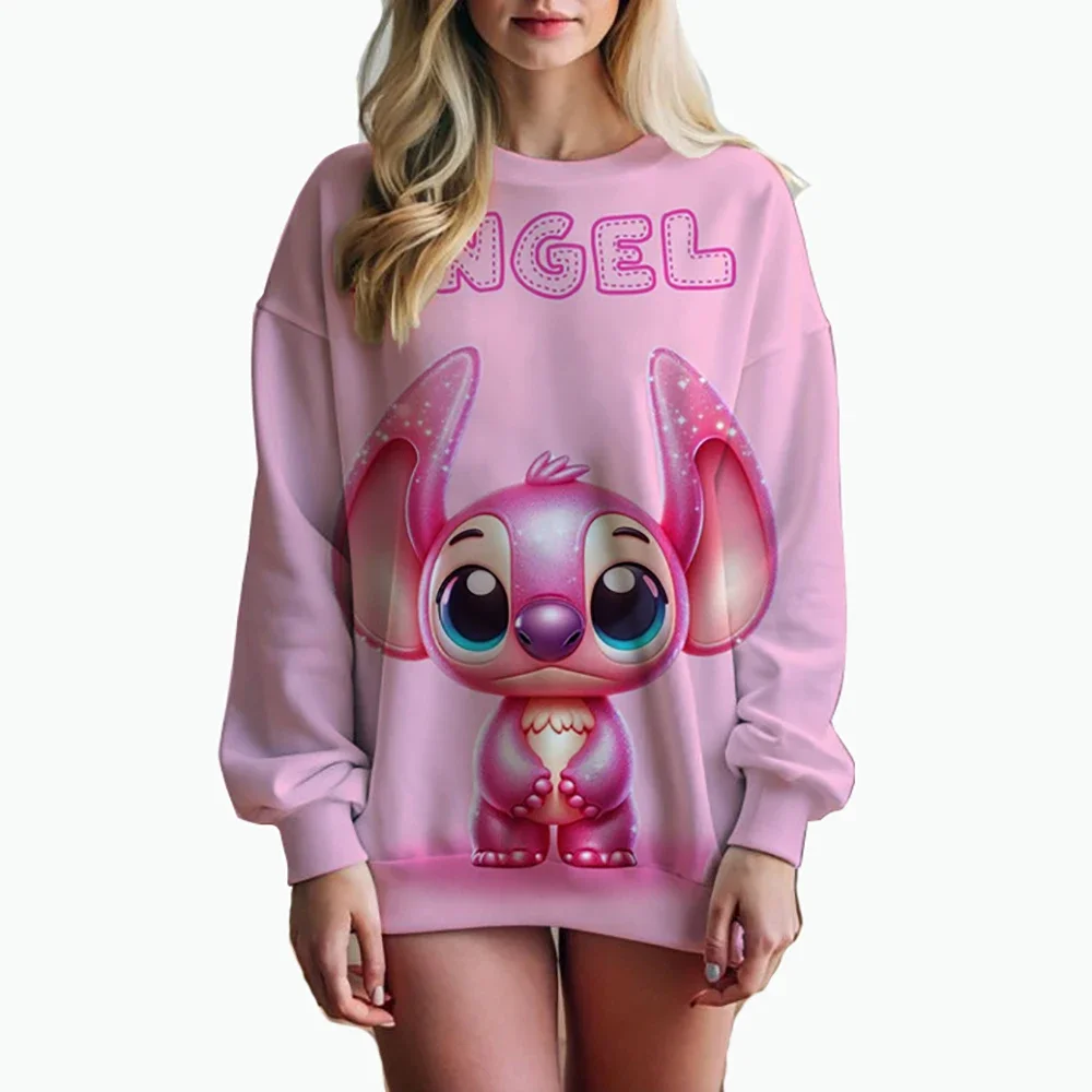 Moda feminina hoodie disney stitch impressão moda outono inverno manga longa em torno do pescoço solto pulôver dos desenhos animados estilo boho