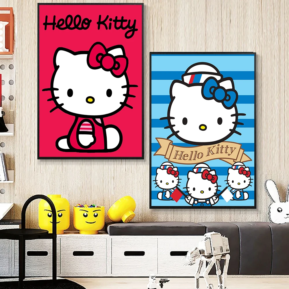 

Sanrio Hello Kitty Cartoon Wall Art Canvas Painting Print, Cute Cat Picture, Home Decor, Gift for Kids Room, Red and Blue Poster