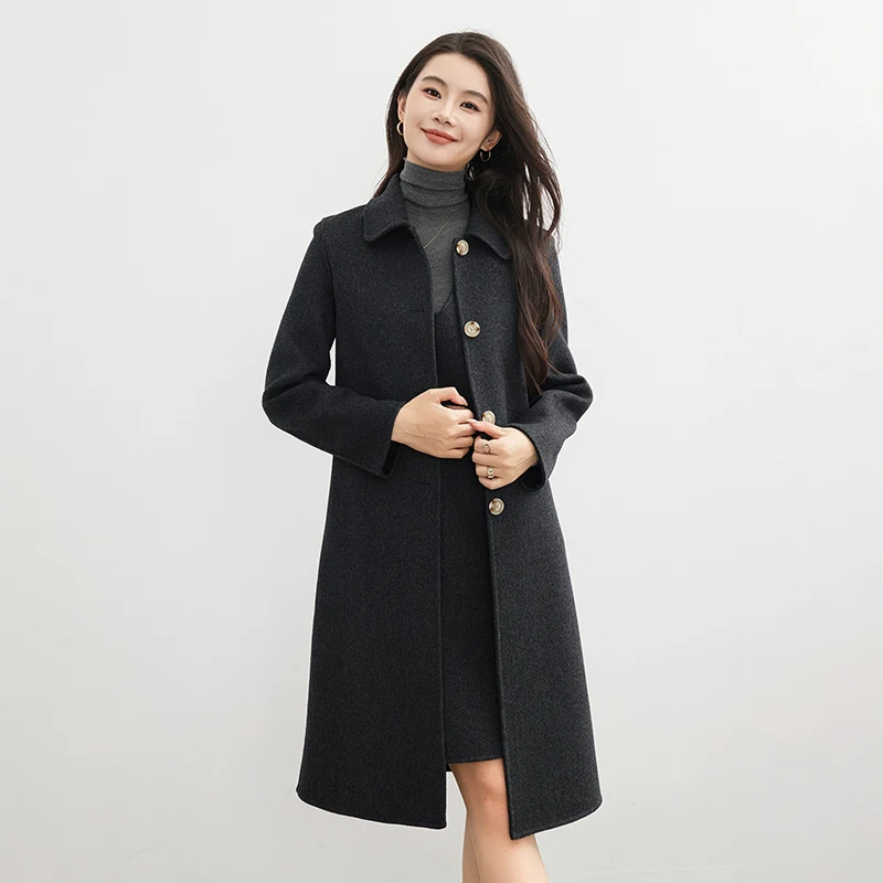 WinvyNee Zimowe Długie Płaszcze Damskie z Wełny z Kieszeniami Jednostronne Szare Wełniane Płaszcze Modne Eleganckie Płaszcze Zapinane na Guziki H1643007