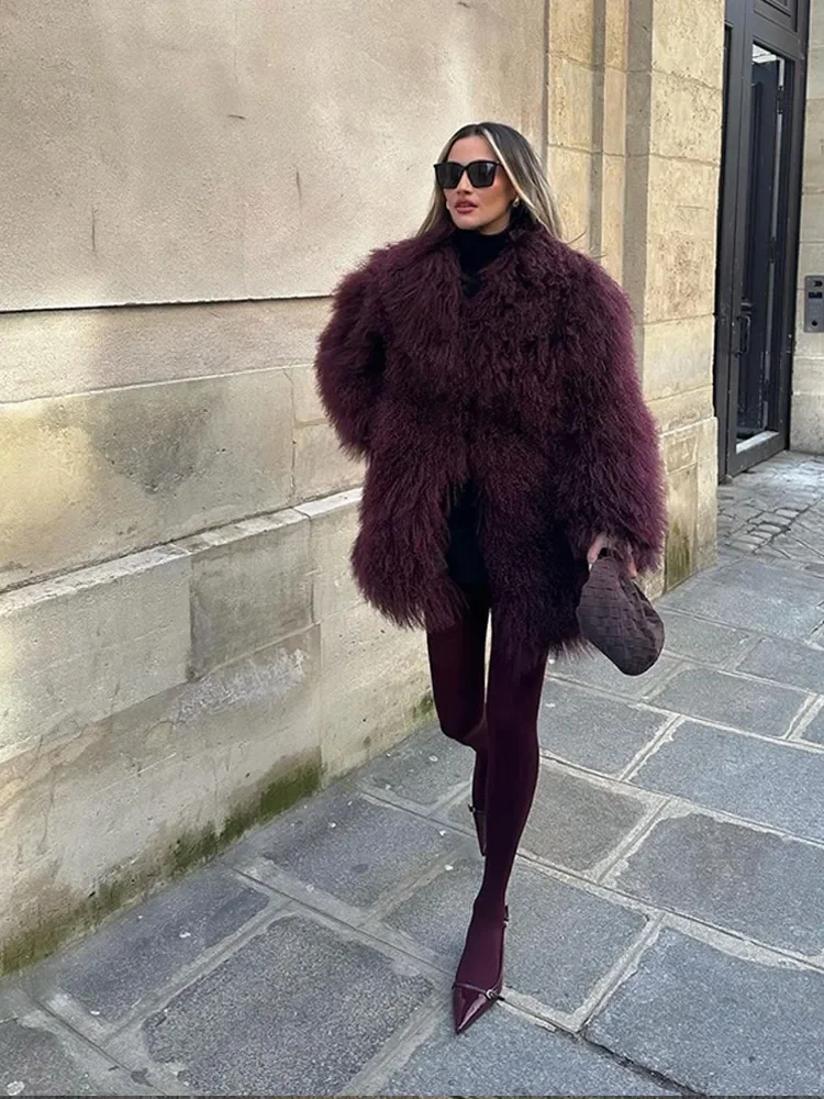 Fashion New Women Wine Red Fluffy Fur Coat Elegant Long Sleeve Thickened Oversize Warm Jacket Winter Lady New Highstreet Outwear