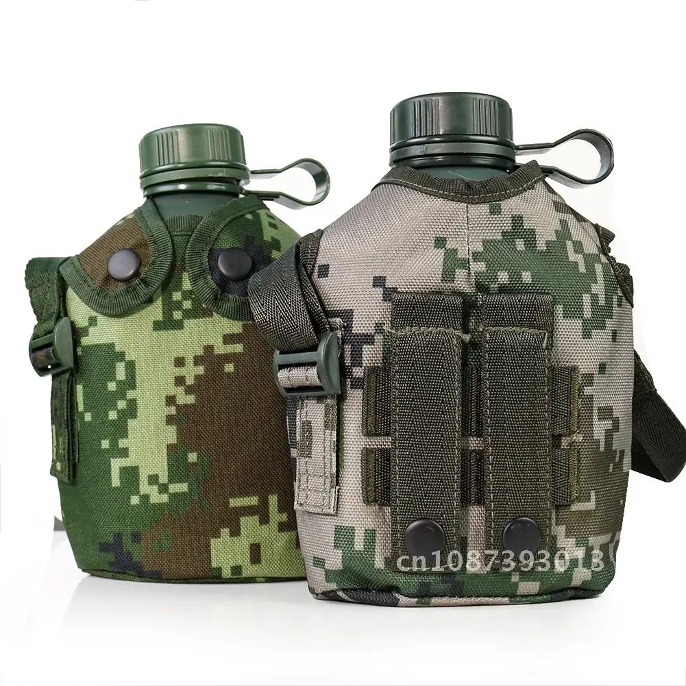 Military Tactical Canteen Bottle Hip Flask Aluminum Camping Survival Sports Water Bottle Kettle with Cover Outdoor Drinkware, 1L