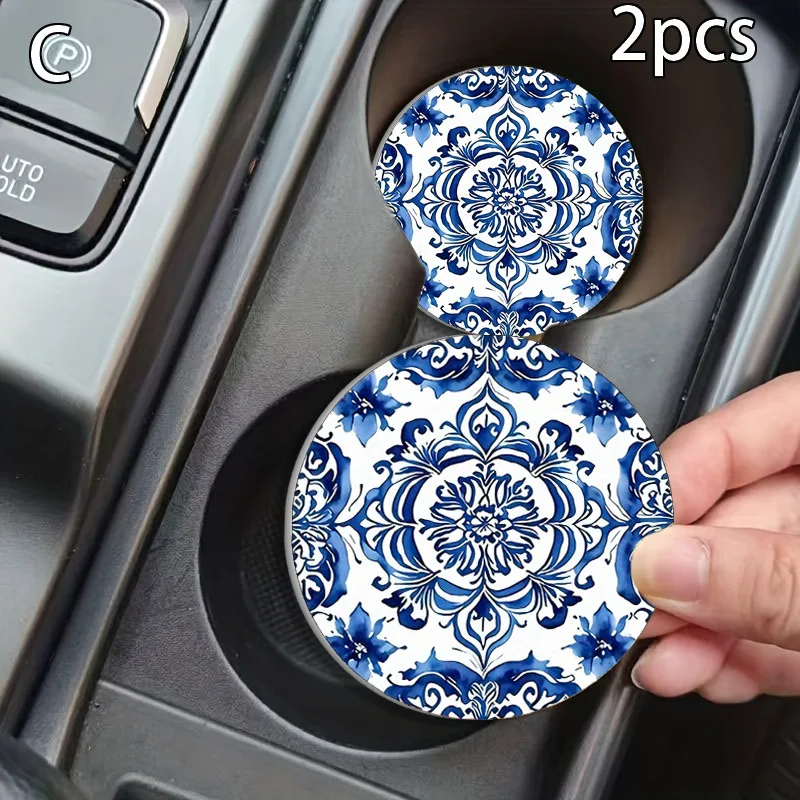 Blue Tile Car Coasters for Women, Leather Waterproof Non-Slip Cup Holder Pads, Aesthetic Mediterranean Car Decor