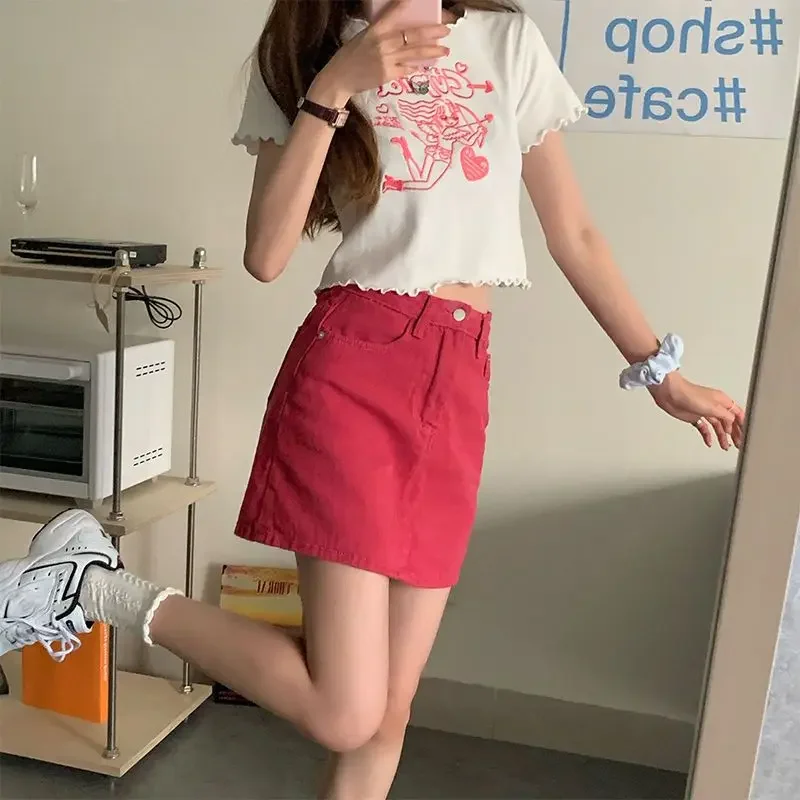 

Gyaru Red Female Jeans Short Skirts High Waist Aesthetic Vintage Korean Fashion 2025 Trend Y2k Premium V Women's Denim Skirt