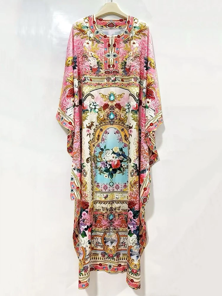 Designer's retro geometric print semi-open collar bat-sleeve pullover dress 2025 Autumn women's fashion loose puffy dress