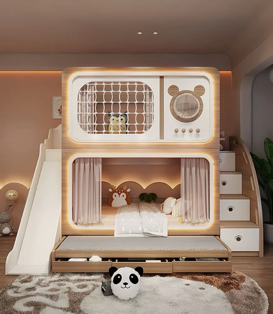 

#Bed Bunk Beds With Slide Wood Twin Bunk Bed With Stairs For Kids With Window And Wardrobe For Boys Or Girls