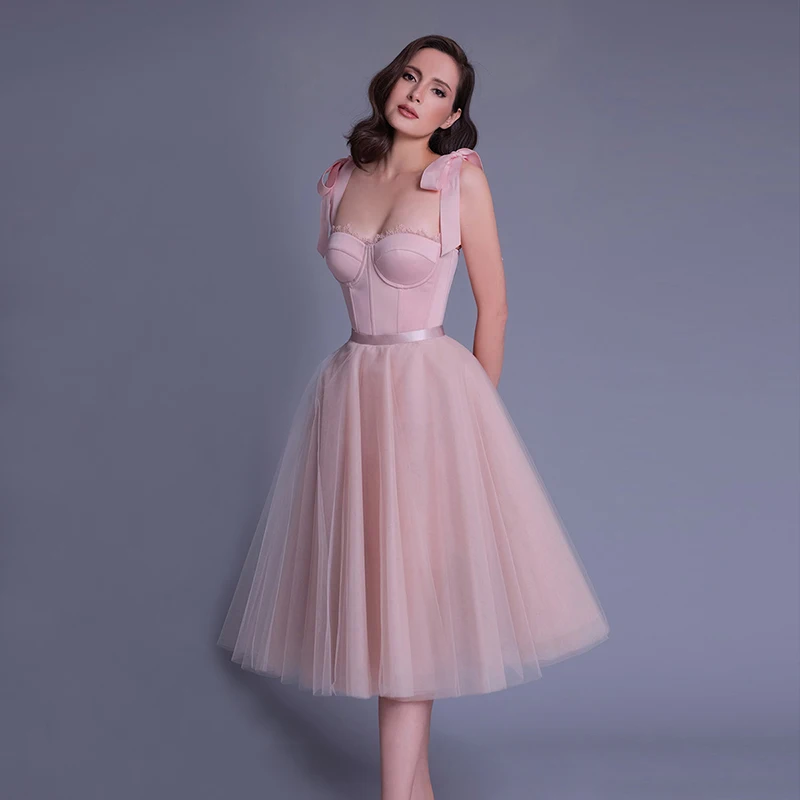 It's Yiiya Evening Dress Pink Tulle Spaghetti Straps Zipper Back A-line Knee-length Plus size Party Formal Gown Customization