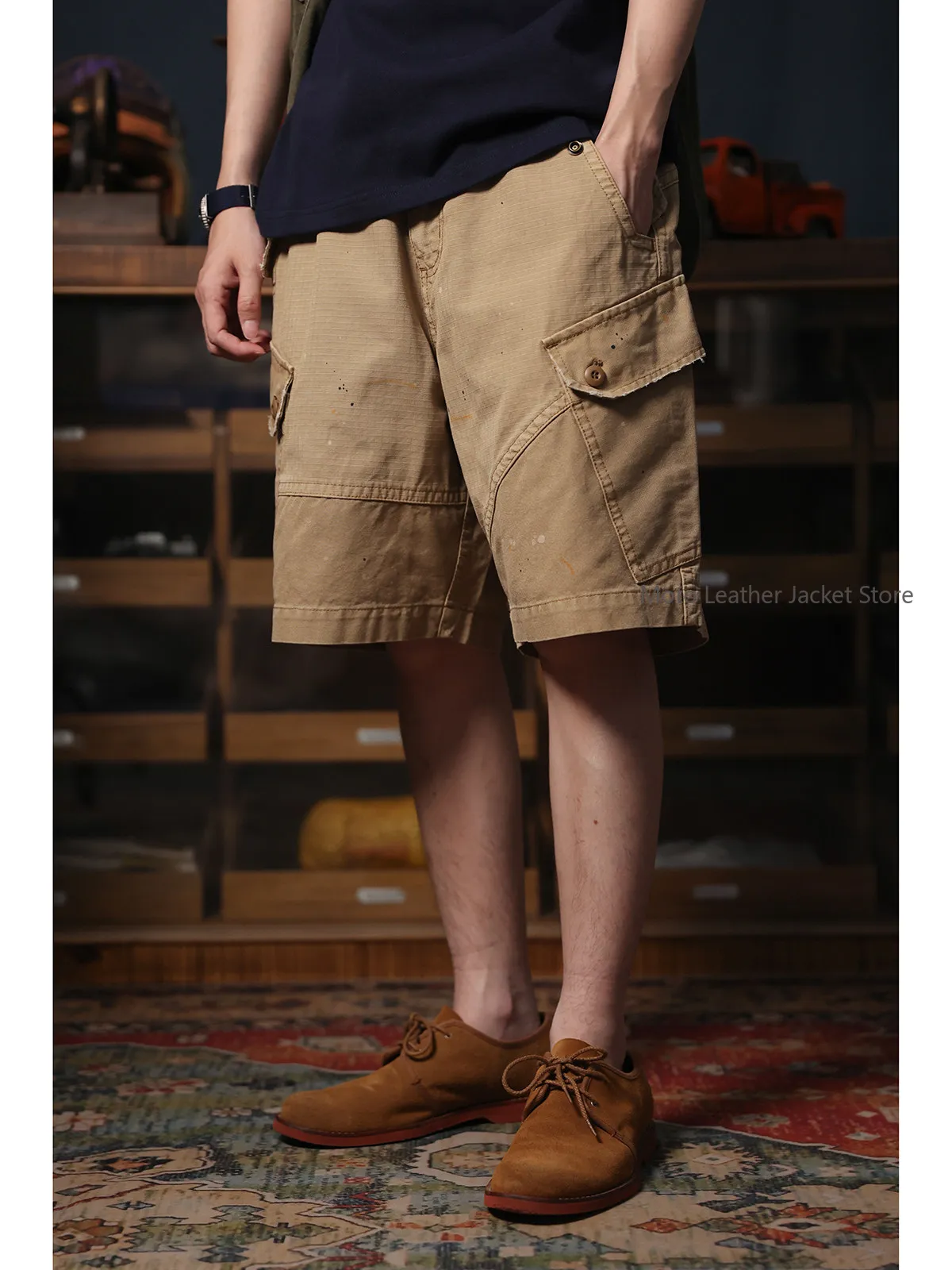 M51 Cargo Shorts Vintage Washed Distressed Splash Ink Patchwork Cargo Pocket Shorts