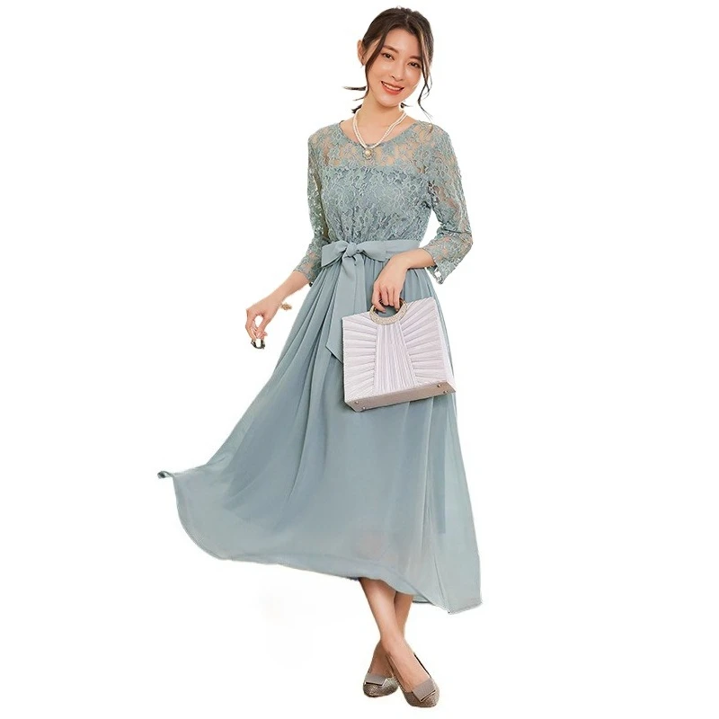 Elegant Round Neck Lace Chiffon Mid Length Semi-formal Dress With Three Quaters Sleeves