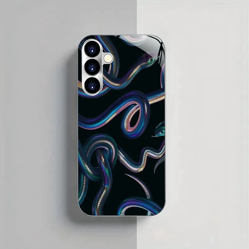 Colorful Serpent Pattern Electroplated Glass Phone Case，suitable for Samsung models such as S26/S25/S24/S23/S22/S21/S20.