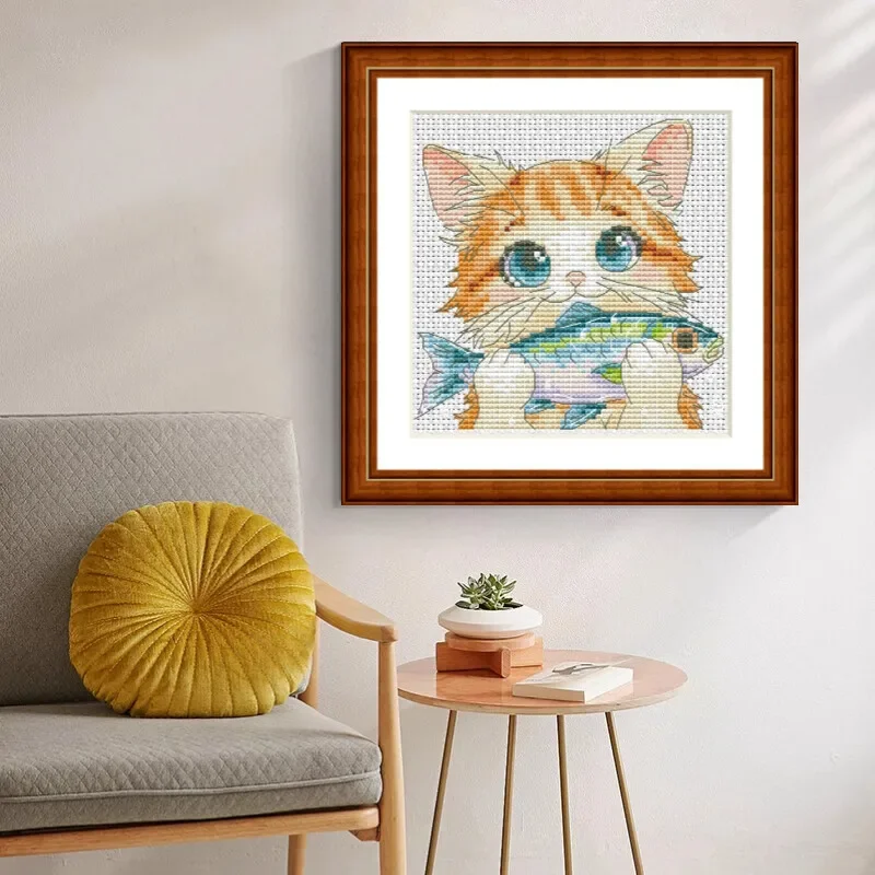 【CC2002- Kitten eating fish】 | Beginner DIY Stamped Cross Stitch Kit 11CT 14CT 16CT, Pre-Printed Canvas Cotton Thread Needlework