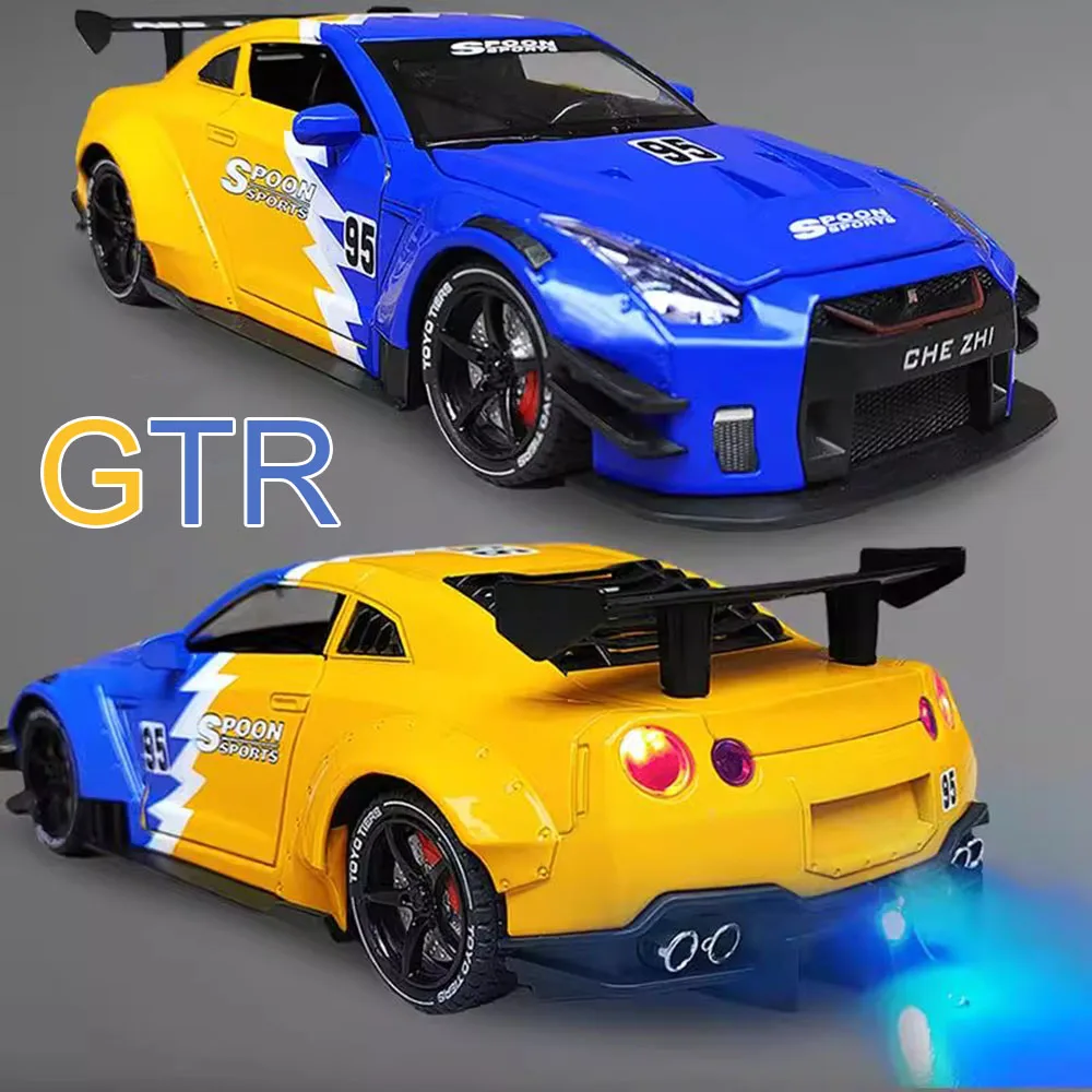 รถโมเดล GTR อัลลอยด์ไดแคสต์ สเกล 1:24 ของเล่นรถสปอร์ตขนาดเล็กแบบดึงหลัง มีไฟและเสียง เหมาะสำหรับเป็นของขวัญวันเกิดเด็กผู้ชาย