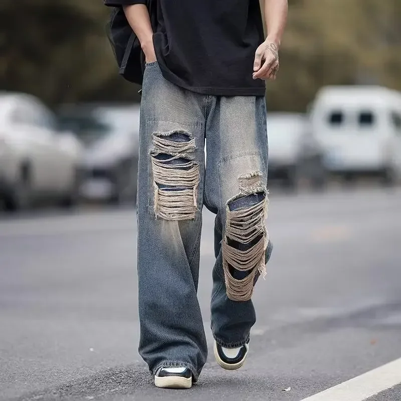 Vintage High-waisted Holey Jeans Loose-fit Straight-leg Wide-leg Denim Pants For Men Women Casual Street Style