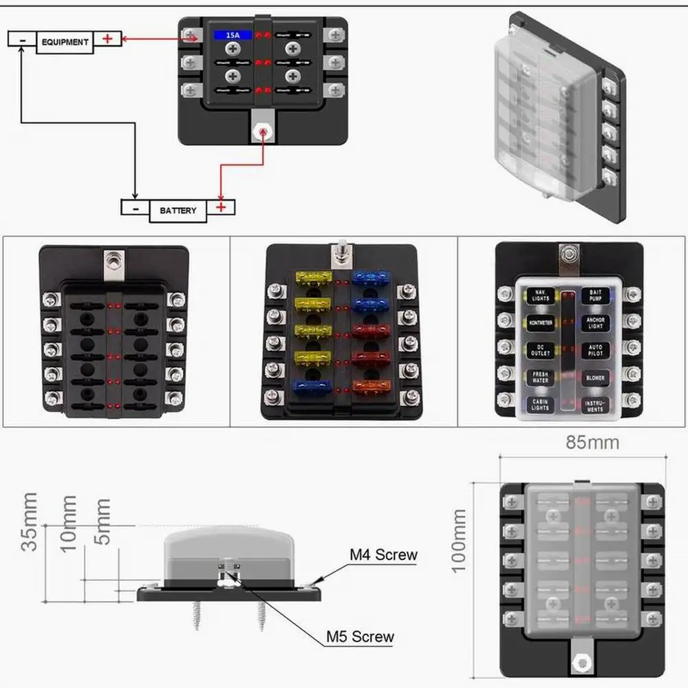 Universal 10 Ways Car Blade Holder 12V 32V Screw Binding Post Fuse Fuse Box With LED Indicator Light For Car Boat Marine