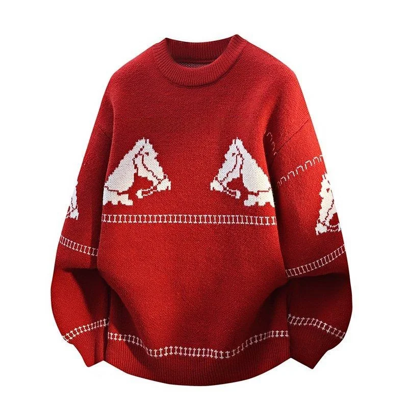 

Новинка 2025 года, мужской вязаный свитер, зимняя одежда для пар, красный трикотаж для подростков, повседневная удобная одежда до середины и кражи