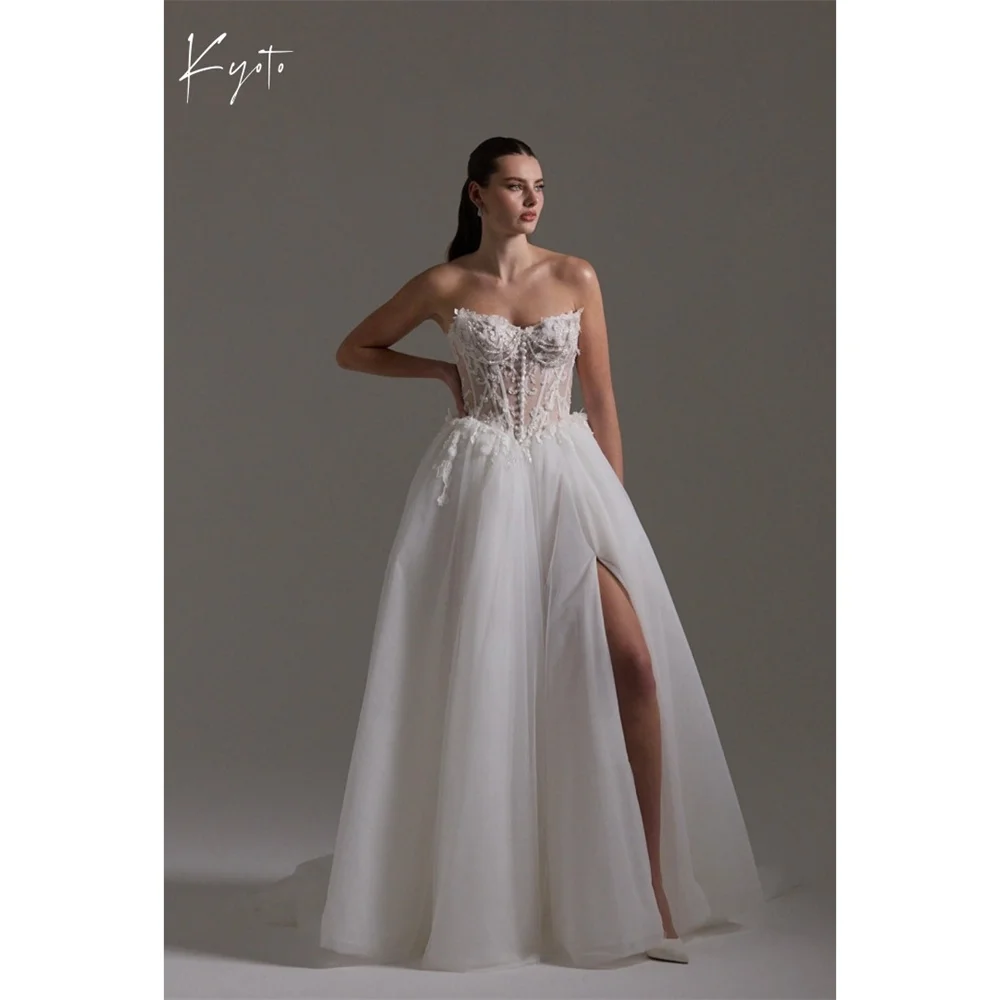 

Kyoto Customized White Sleeveless Wedding Dress Strapless Zip Back Side High Split vestidos de noiva A-Line Evening Dress 2025