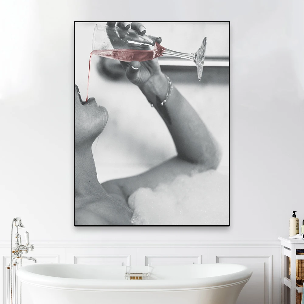 Bathroom Art Print Poster Wall Art Woman Drinking Rosé Champagne in Bubble Bath Modern Artwork Prints for Bedroom Living Room