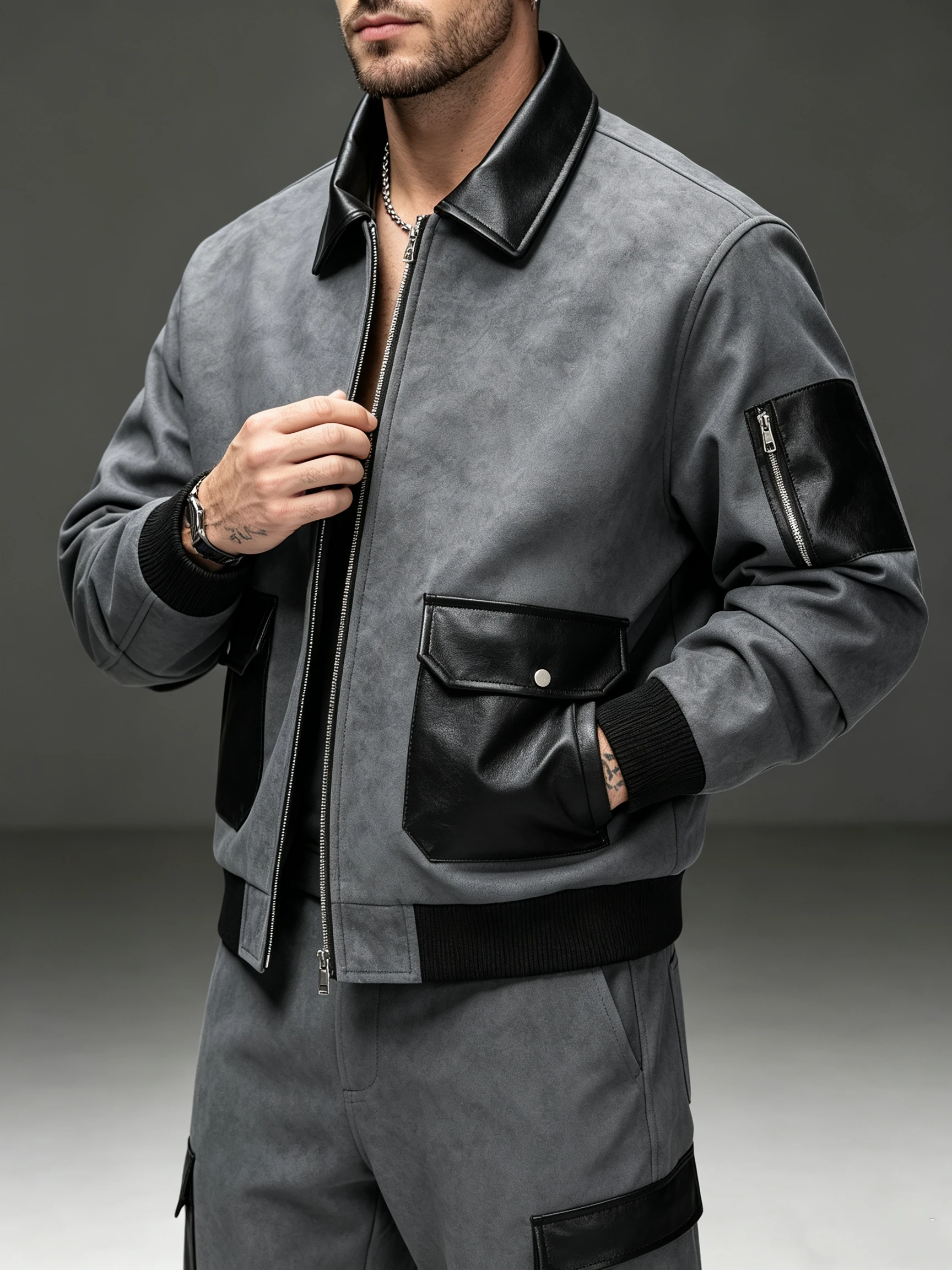 Men's Suede Faux Leather Spliced Bomber Jacket Lapel Zipper Coat Multi Pockets Vintage Casual Outerwear for Autumn Winter
