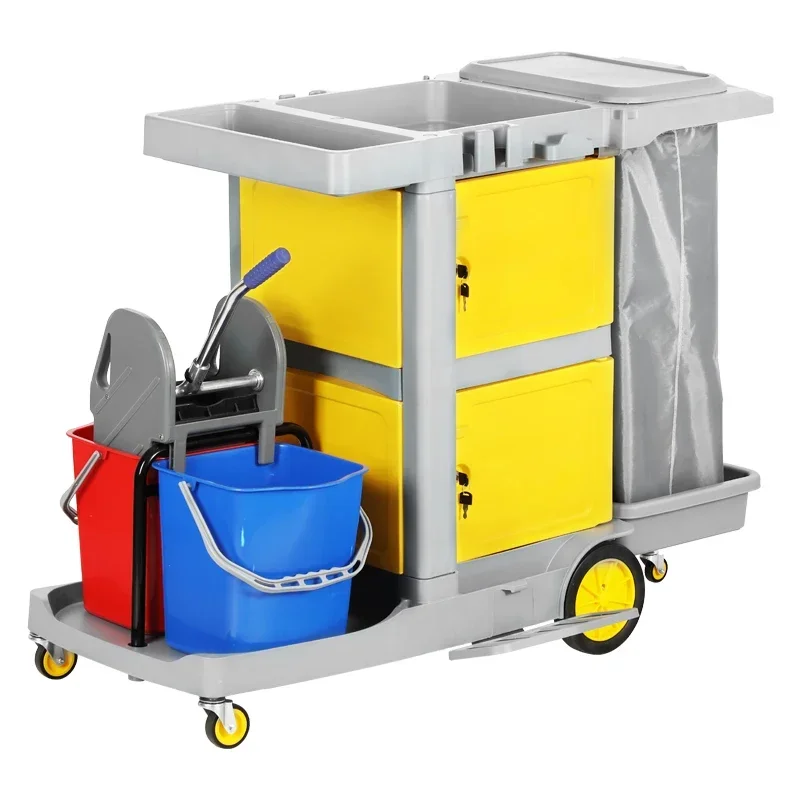 

2026 Good Quality Plastic Hand Push Cleaning Carts Hotel Cleaning Service Janitor Cart Trolley With Double Wringer Bucket