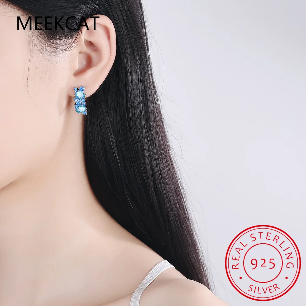 Oval Genuine Natural Blue Topaz 925 Sterling Silver Stud Earrings for Women Fashion Statement Gemstone Jewelry