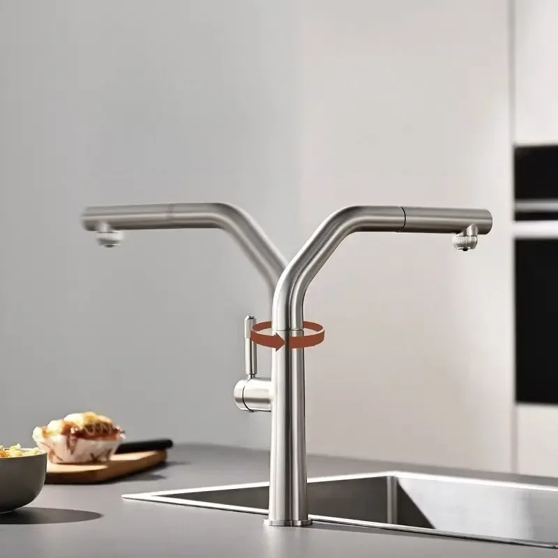 3-in-1 Kitchen Tap with Pull Down Sprayer, Brushed Nickel Kitchen Mixer Tap, 360° Rotatable High Arc Single Lever Faucet
