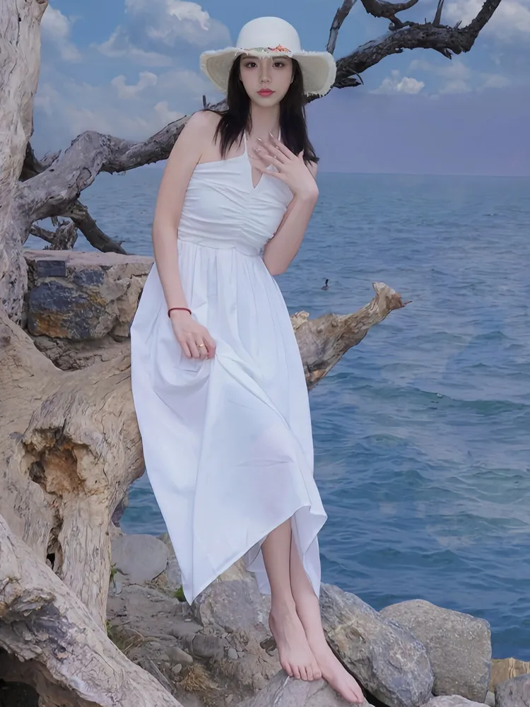 

Элегантное белое длинное платье без бретелек для женщин, летнее пляжное платье с завышенной талией, корейский стиль, модное повседневное платье А-силуэта