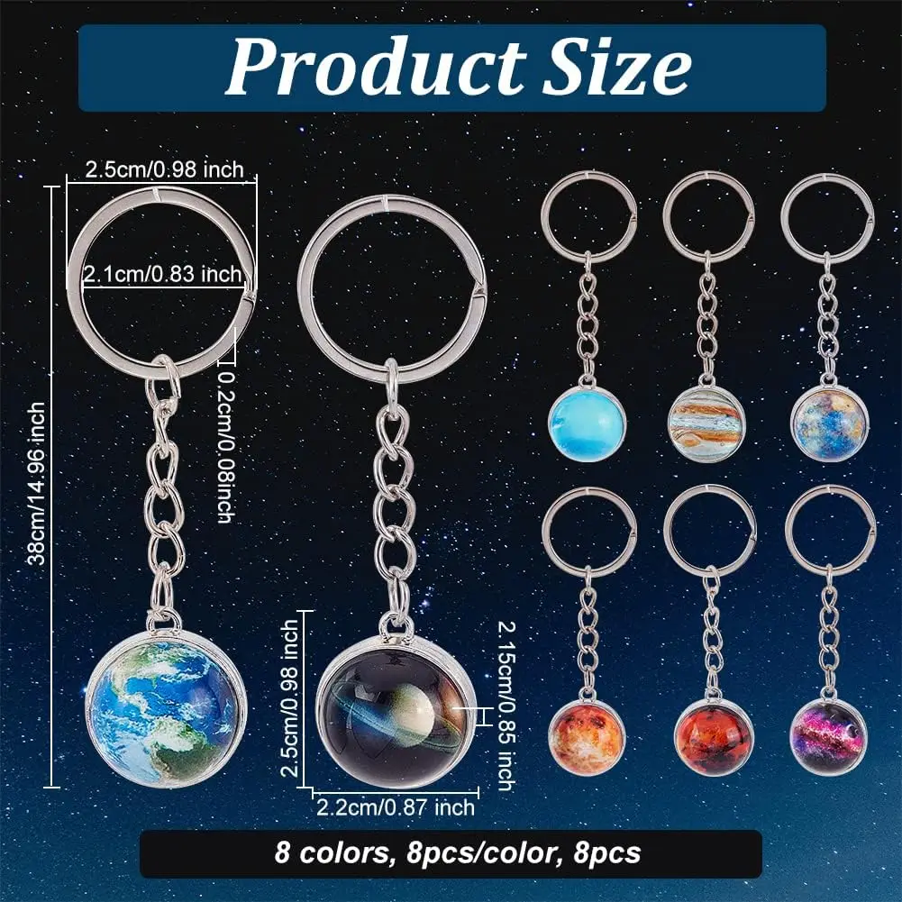 8Pcs Solar System Planet Keychain Pendant Crystal Ball Pendant Keychain Alloy Keychain with Iron Ring Galaxy Decoration