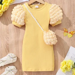 3-8 Yrs Midi Dress Kids Girl Clothes Summer Cute Fashion Short Sleeve Baby Girl Bodycon Dress Party Wrap Tight Children Dresses