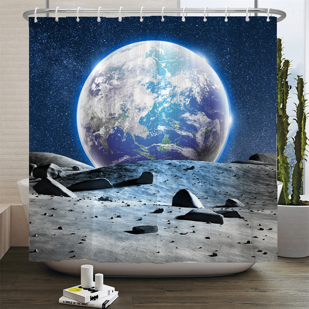 Full Moon Shower Curtain Ocean Landscape Starry Sky Waterproof Fabric Shower Curtains Bathroom Accessories Curtain With Hooks