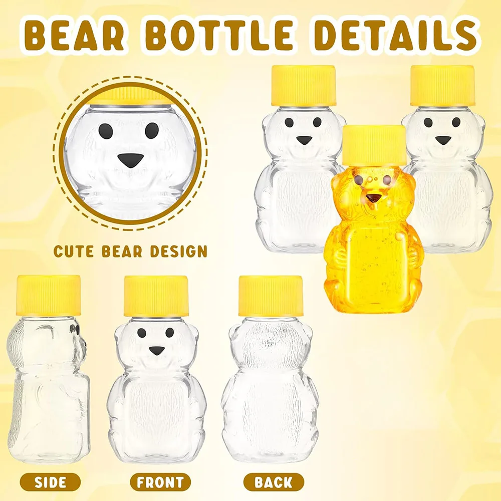 2 oz Plastic Bear Bottle Shape Clear Honey Containers Empty Dispenser with Yellow Lid Honey Jars Cup