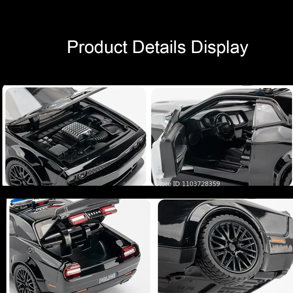 1:32 Challenger Police Car Model Toys Alloy Diecast Challenger SRT Sports Cars Sound Light Doors Opened Pull Back for Kids Gifts