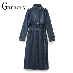 Garaouy 2023 Autumn Winter Chic Women Stand Collar Belt Denim Trench Coat Female Casual Versatile Long Cowboy Overcoat Jackets