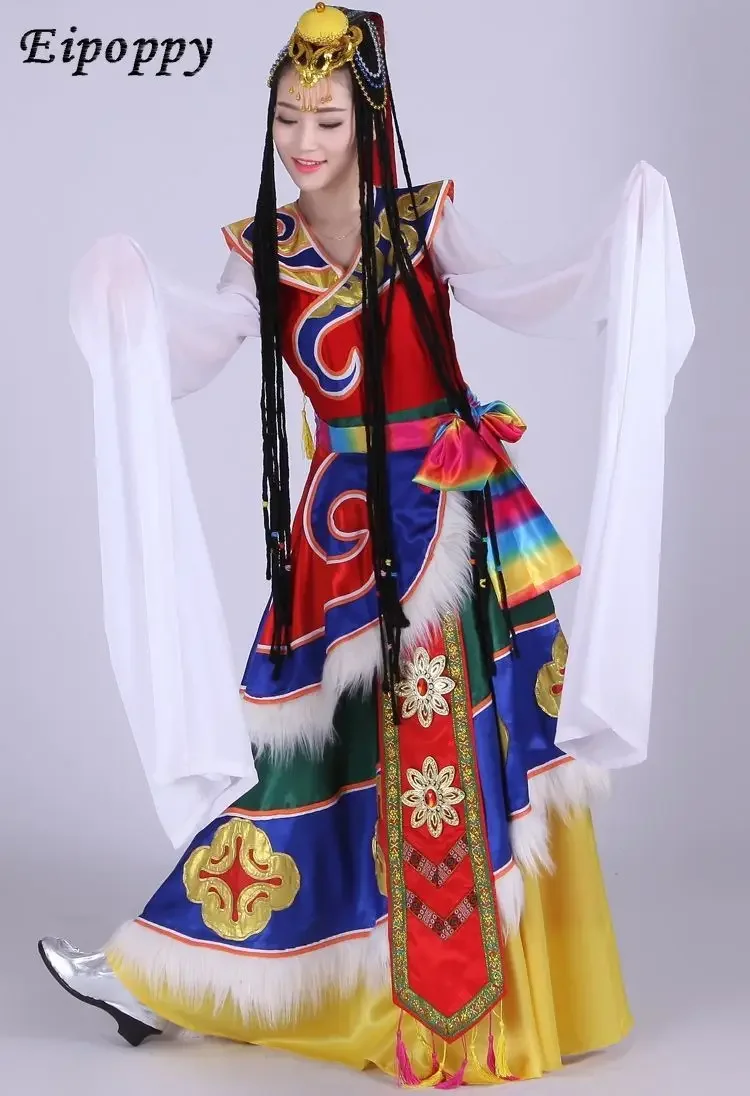 Trajes de dança tibetana para mulheres, mangas compridas de seda branca, vestido feminino, roupas de dança tibetana