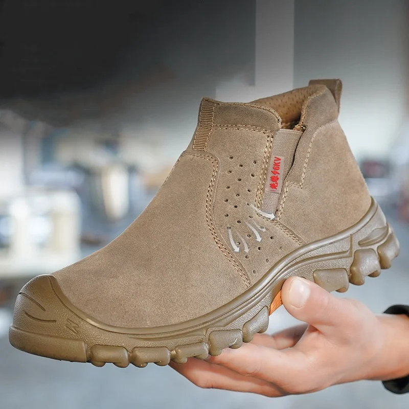 

Мужские повседневные рабочие ботинки большого размера со стальным носком, защитная обувь из коровьей замши, защитные ботинки «Челси», безопасные ботильоны, защита