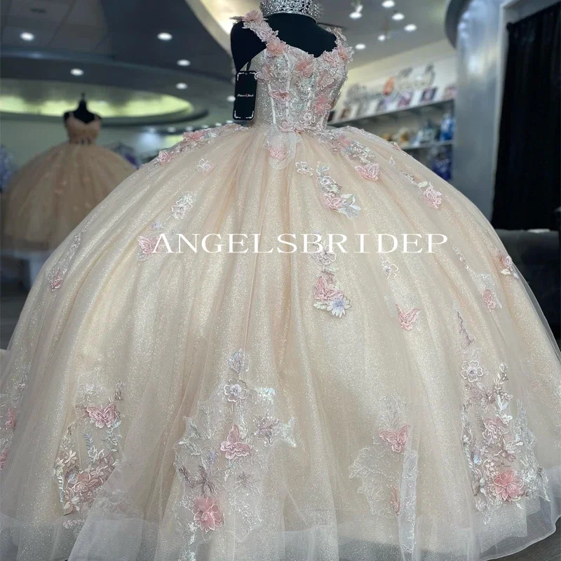 

Angelsbridep Champagne 3D Flowers Ball Gown Quinceanera Dresses Spaghetti Strap Vestidos De 15 Quinceañera 2024 Prom Party