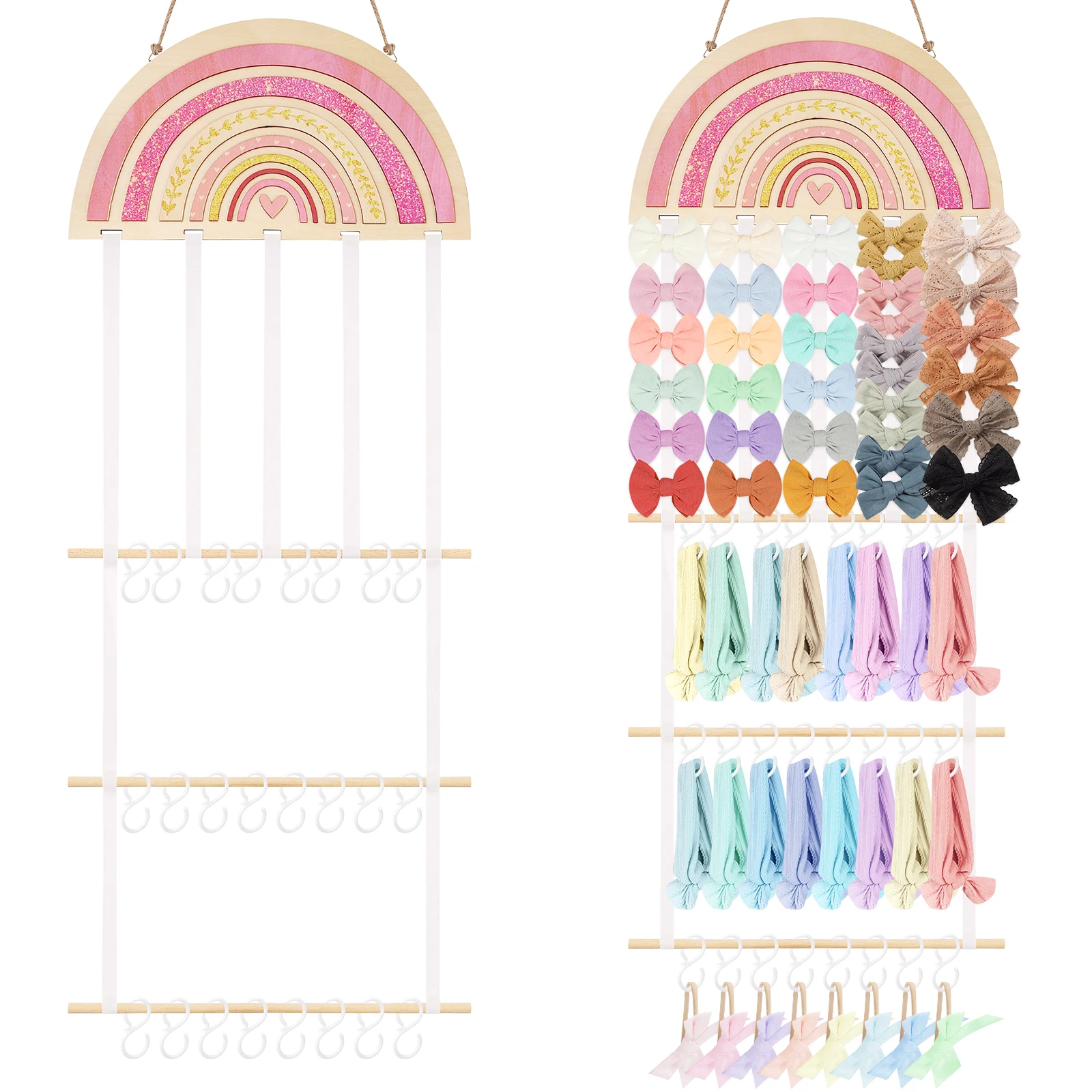 Деревянный Радужный органайзер для аксессуаров для волос с 30 крючками, настенная подвесная повязка на голову, стеллаж для детской комнаты, комнаты для маленьких девочек