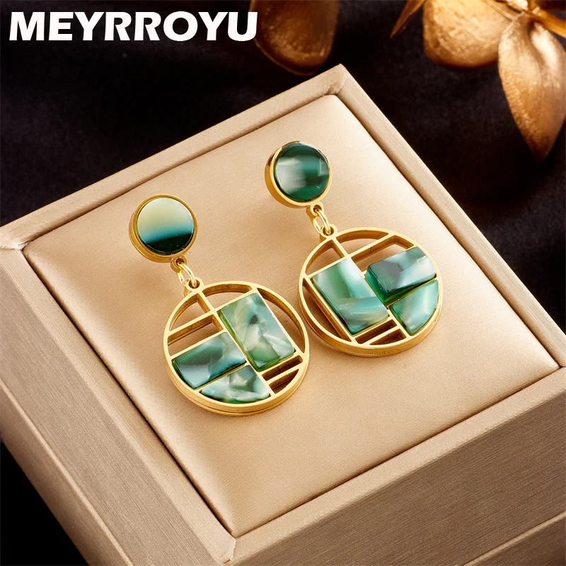 MEYRROYU 316L Stainless Steel 2022 New Green Hollow Geometry Statement Drop Earrings For Women Party Gift Brinco Accessories