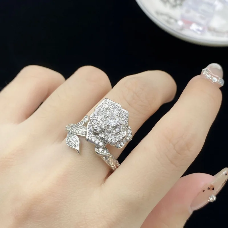 

Micro Pave Full Diamond Light Luxury Rose Flower Ring for Women, Earrings, Pendant, Elegant Versatile Ins Camellia Jewelry