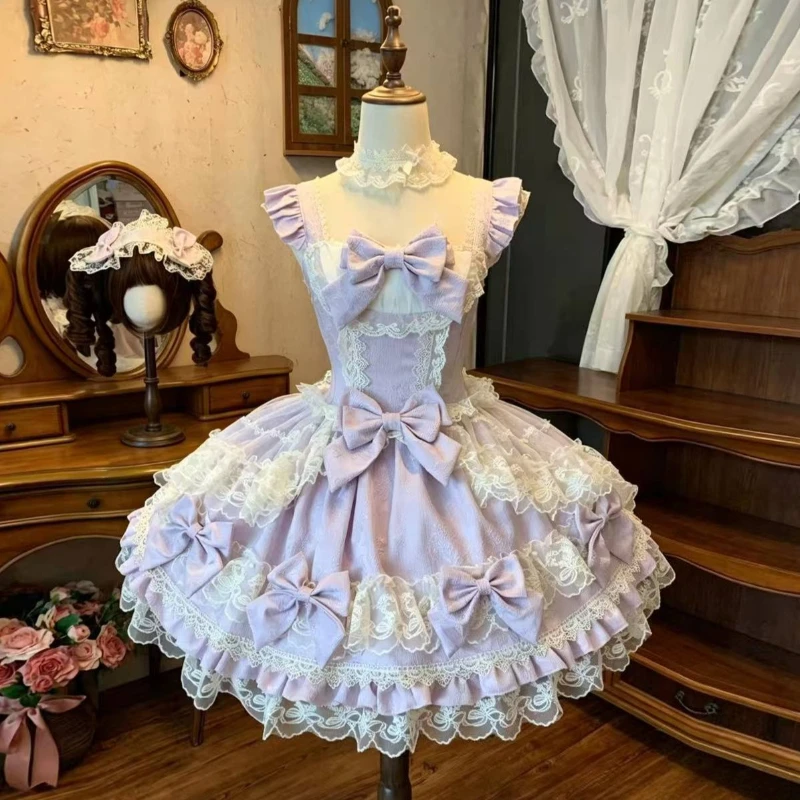 Lolita JSK Sleeveless A‑line Dress With Lace Strap Design Girls Japanese Kawaii Vibe Y2K Style Vacation Party Cosplay Costume