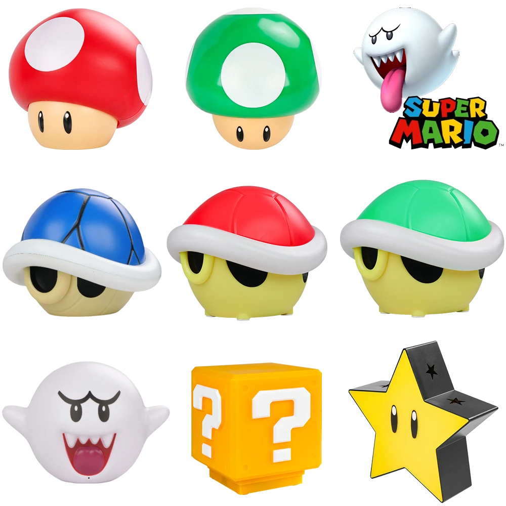 Super Mario Bros LED Night Lamp Sound Boo Koopa Troopa Star Question Mark Mushroom Figures Toy Table Lamp Around Animation Gifts