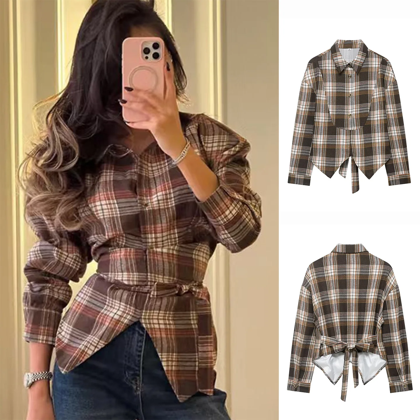 

Spring New Arrival Women's Commute Sle irt with Bow Tie Long Sve Plaid Print Single Button Front Polyester Fiber Skin-...