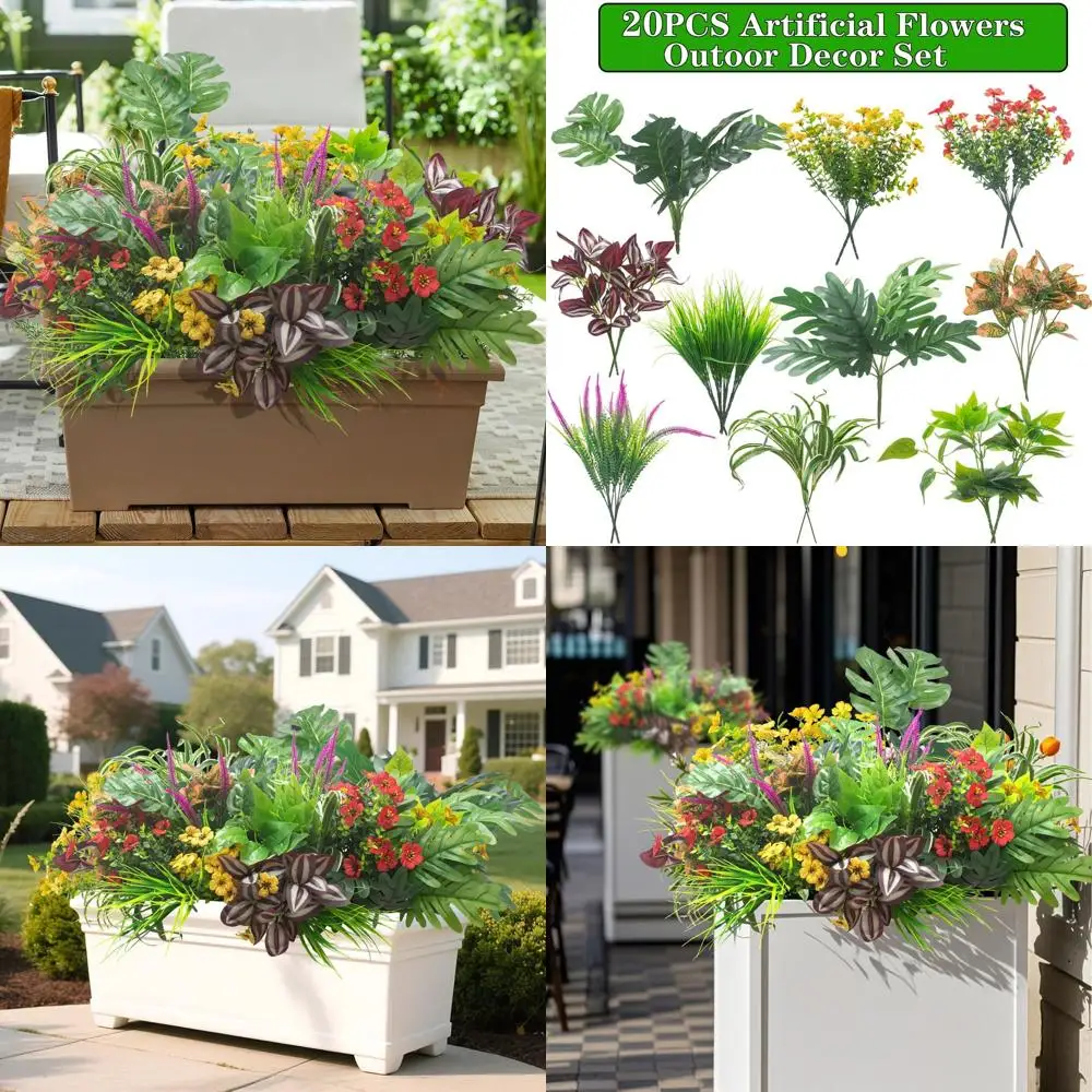 

20 Pack UV-Protected Fake Outdoor Plants & Bushes for Garden, Porch, and Home Decor (No Pot)
