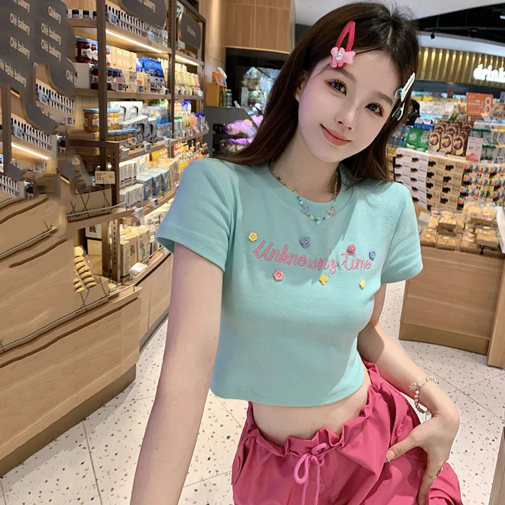 

Summer Hotsweet O Neck Crop Tops Short Sleeve Tshirts Slim Waist Y2k Women Tees Camisetas Sweet Letter Print Japanese Cutr Top