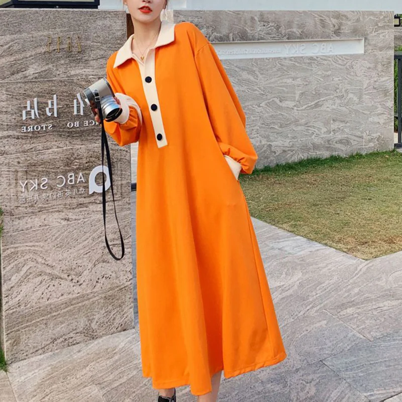 Oversized Autumn New Korean Fashion Patchwork Turn-down Collar Long Sleeve Casual Dresses Femme Simplicity Buttons Loose Dress