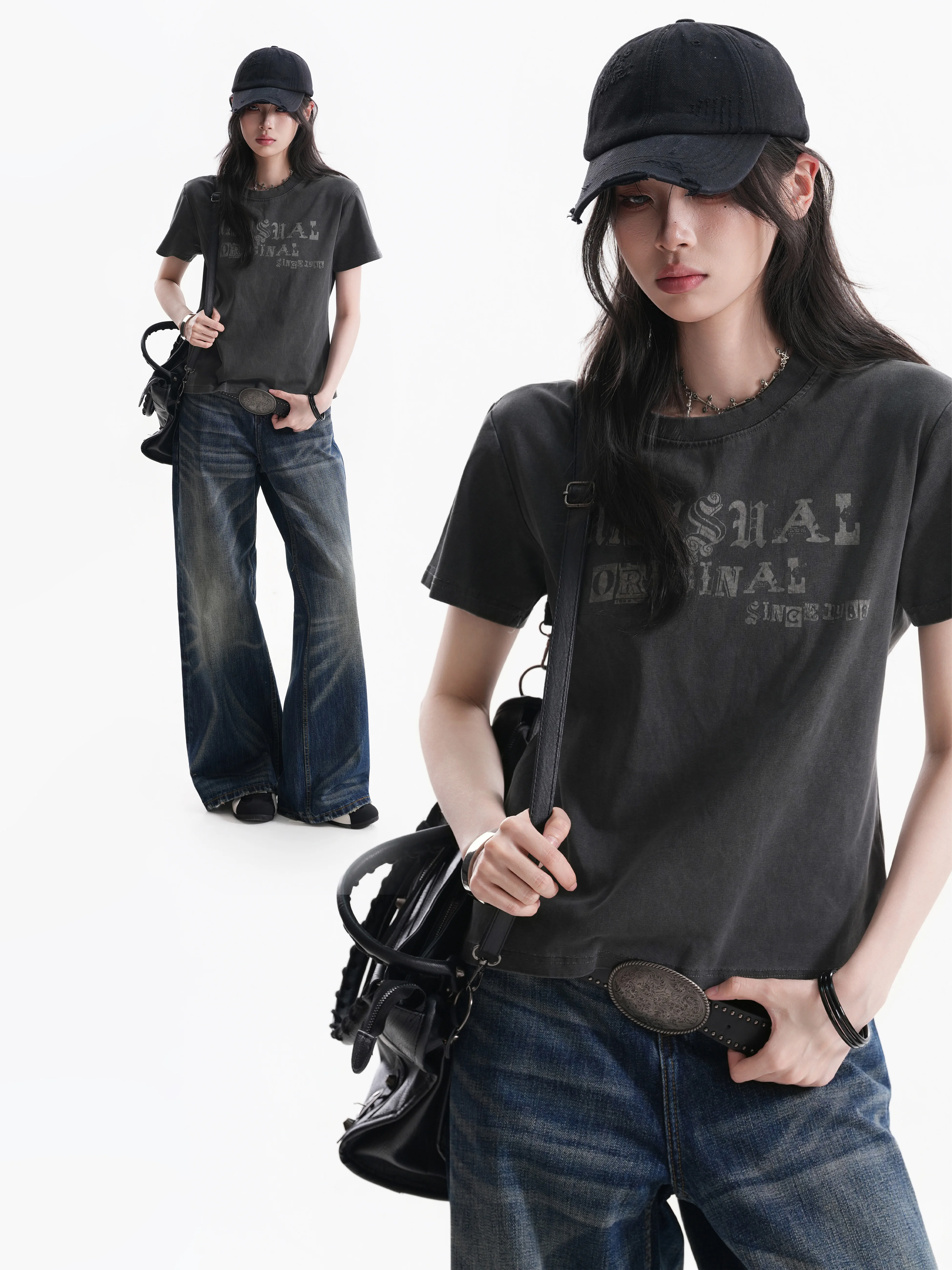Retro Washed American Style Short Sleeve T-Shirt Slim Fit Shoulder Print Casual Summer Top for Young Women Breathable Cotton