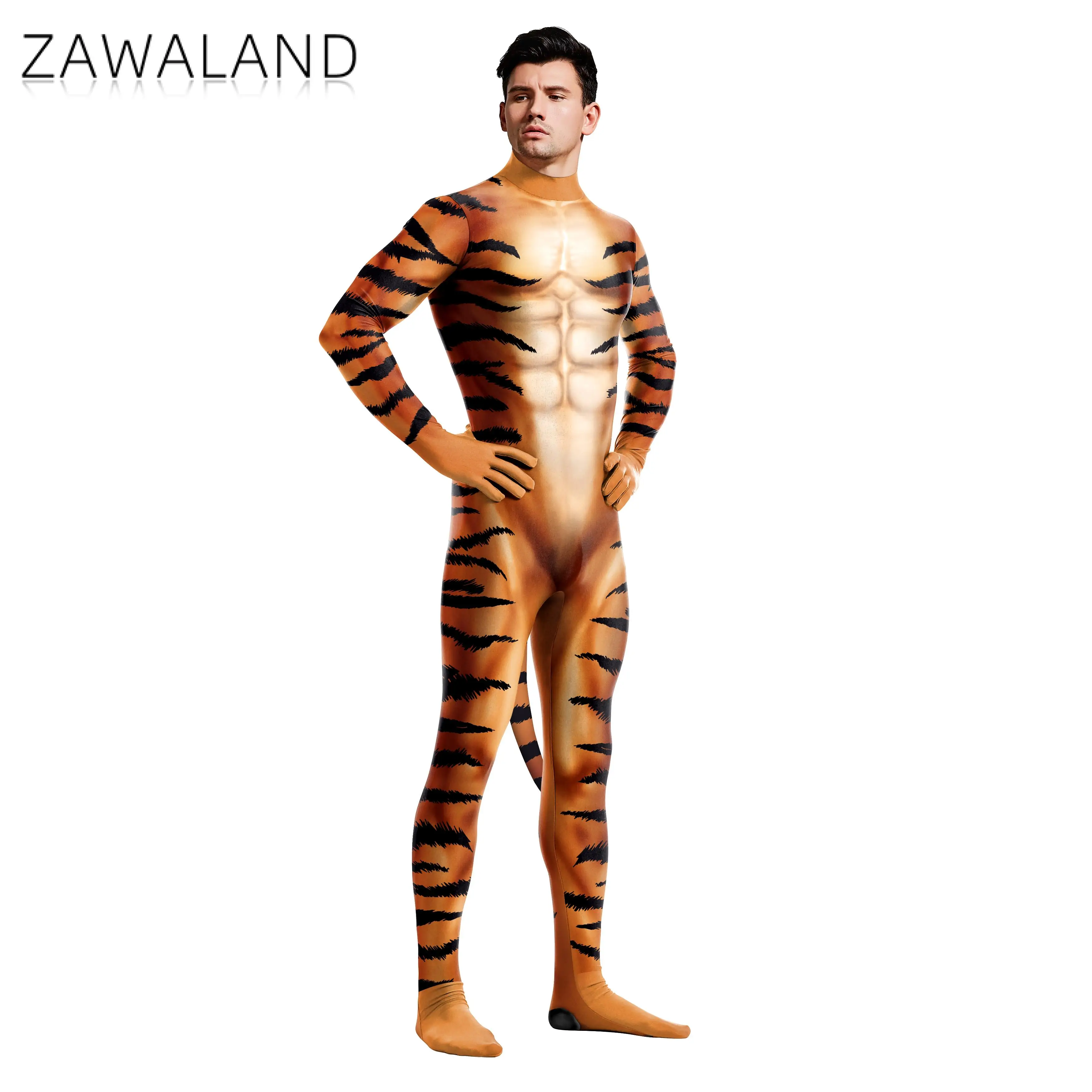 Zawaland Creative Party Playsuit Cosplay Costume Tiger Printed Whole Adult Costumes with Tail Zentai Catsuit Spandex Muscle Suit