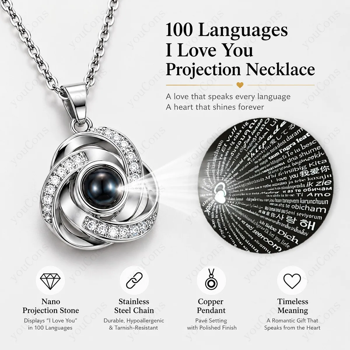 100 Languages I Love You Projection Necklace Geometry Pendant With Multi Color Rose Gift Box Valentine's Mother's Day For Women