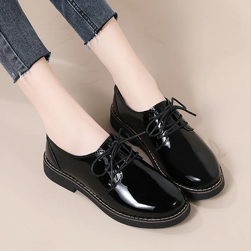 New round head women\'s shoes lace-up small leather shoes black British style single shoes low heels casual flat business